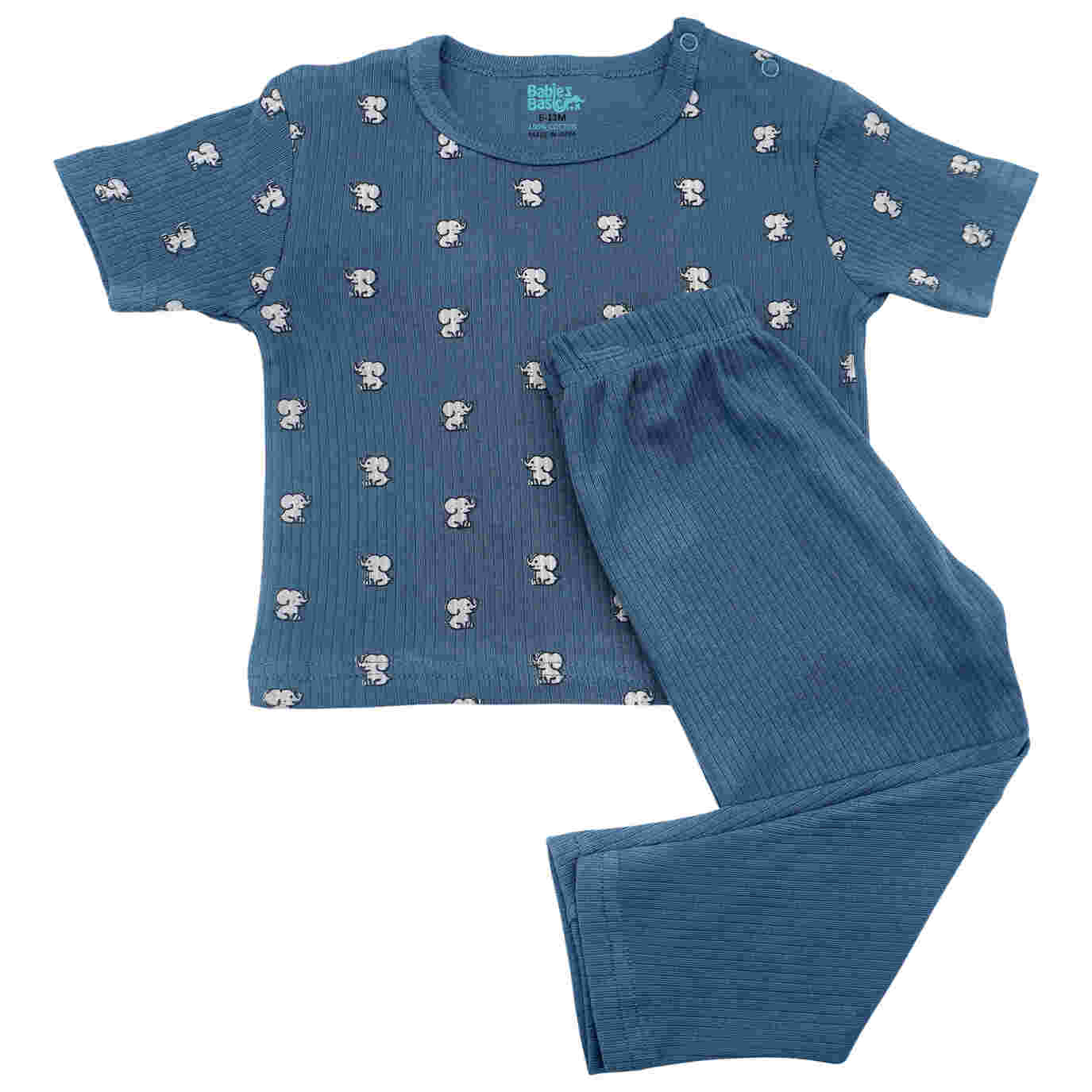 Babies Basic Ribbed Cotton Printed Short Sleeves T-shirt and Pyjama Set 0-3 Months Blue M726-TO-BLU-0-3-2PC
