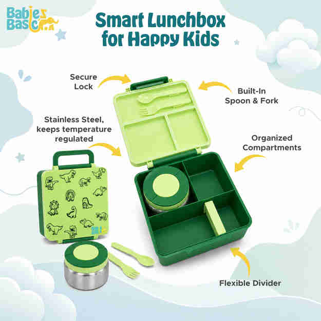 Babies Basic Insulated Bento Lunchbox with Stainless Steel Bottle 3+ Years - Beige - Zoo 12310-MIX-GRE-DINO - Image 7