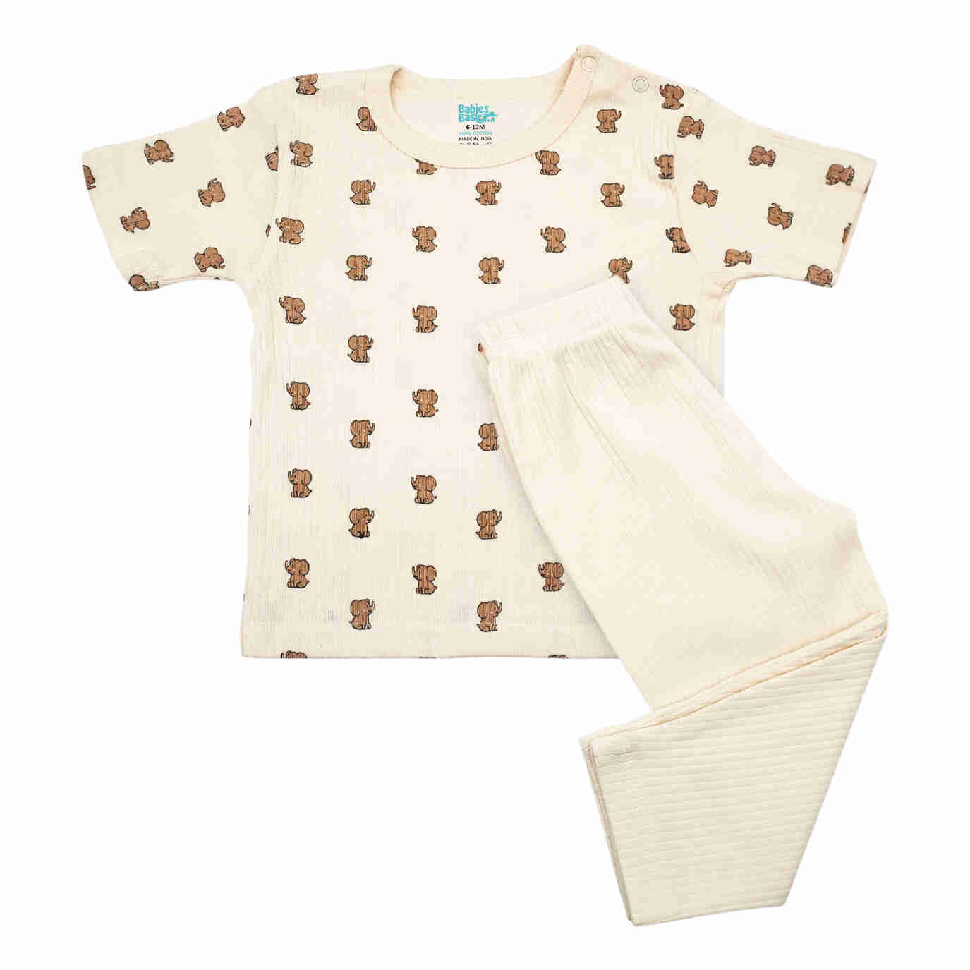 Babies Basic Ribbed Cotton Printed Short Sleeves T-shirt and Pyjama Set 0-3 Months Cream M726-TO-CRE-0-3-2PC