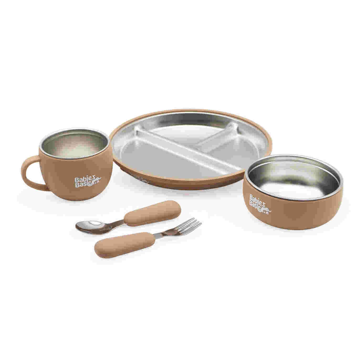 Babies Basic Stainless Steel Plate Bowl and Cup with Silicone Sleeve and Silicone handle Spoon and Fork for Kids Brown 12276-FEE-BRO-5PC
