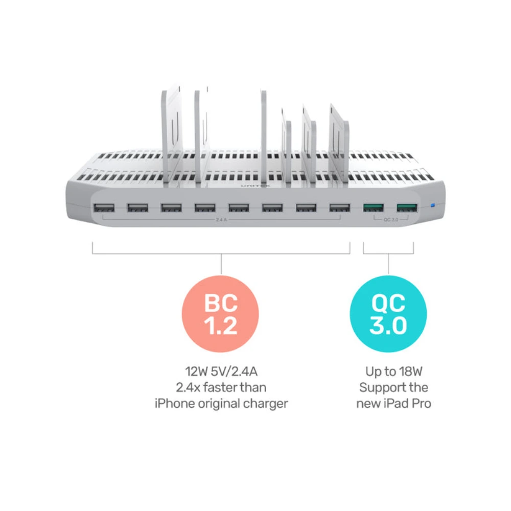 Unitek 10 Port USB Charging Station 96W, 2 x Quick Charge 3.0, 8 x USB-A 2.4A, Adjustable Separators, LED Indicator, Multi-Protection, White - Y-2190A-WH - Image 6