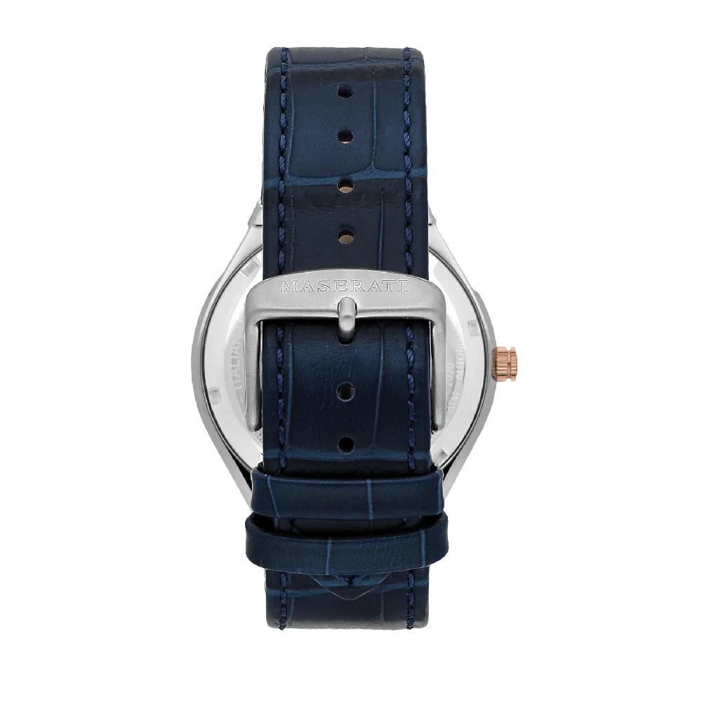 Maserati Stile Automatic Watch for Men, 42mm Silver Guilloche Dial, Blue Leather Strap, Stainless Steel Case, 10 ATM Water Resistance- R8821142001 - Image 3