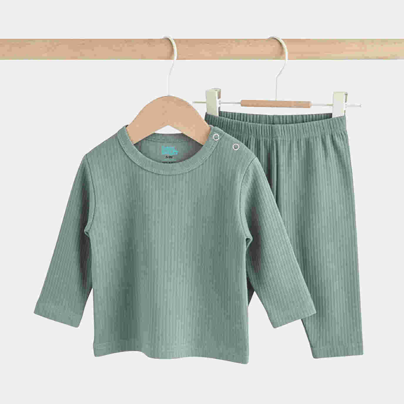 Babies Basic Ribbed Cotton Long Sleeves Top and Bottom Set 0-3 Months Green M719-PL-GRE-0-3-2PC - Image 4