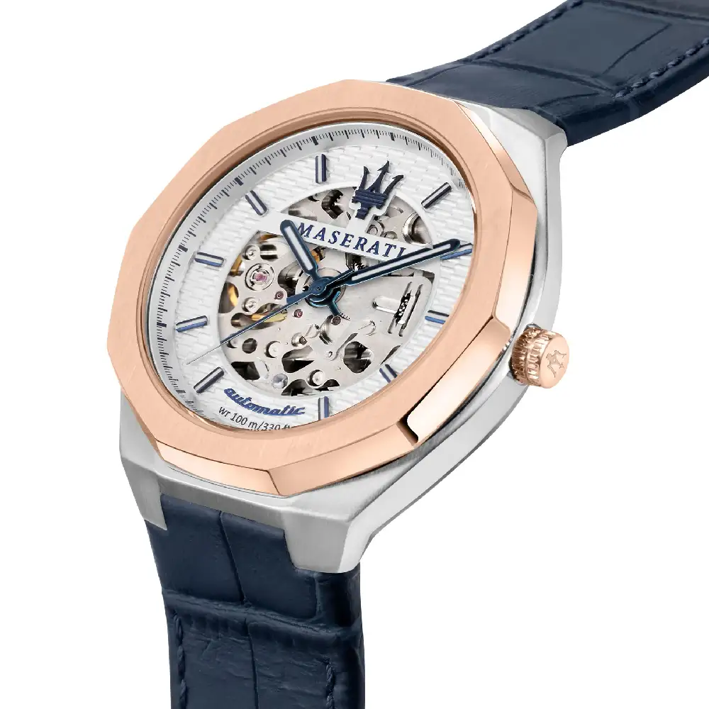 Maserati Stile Automatic Watch for Men, 42mm Silver Guilloche Dial, Blue Leather Strap, Stainless Steel Case, 10 ATM Water Resistance- R8821142001 - Image 4