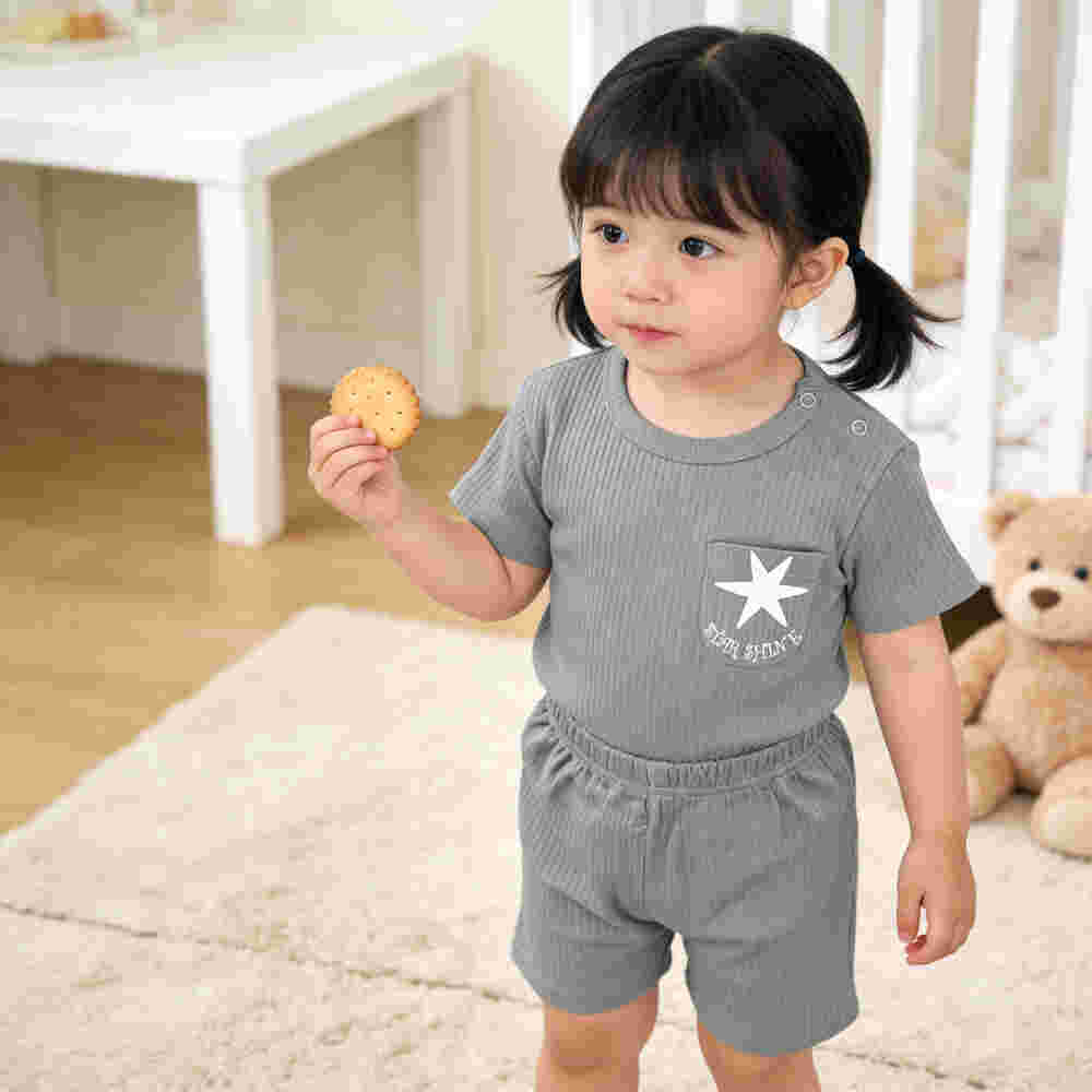 Babies Basic Ribbed Cotton Short Sleeves T-shirt and Plain Shorts Set 6-12 Months Gray M714-TO-GRA-6-12-2PC - Image 6
