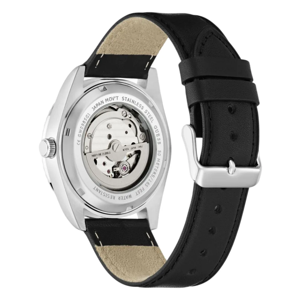 Guess Mens Automatic Watch, 42mm Silver-Tone Brushed & Polished Recycled Steel Round Case, Black Sunray Dial with Cut-Through Automatic Movement Window, Genuine Leather Strap, Mineral Glass, 50m Water Resistance - GW0985G1 - Image 2