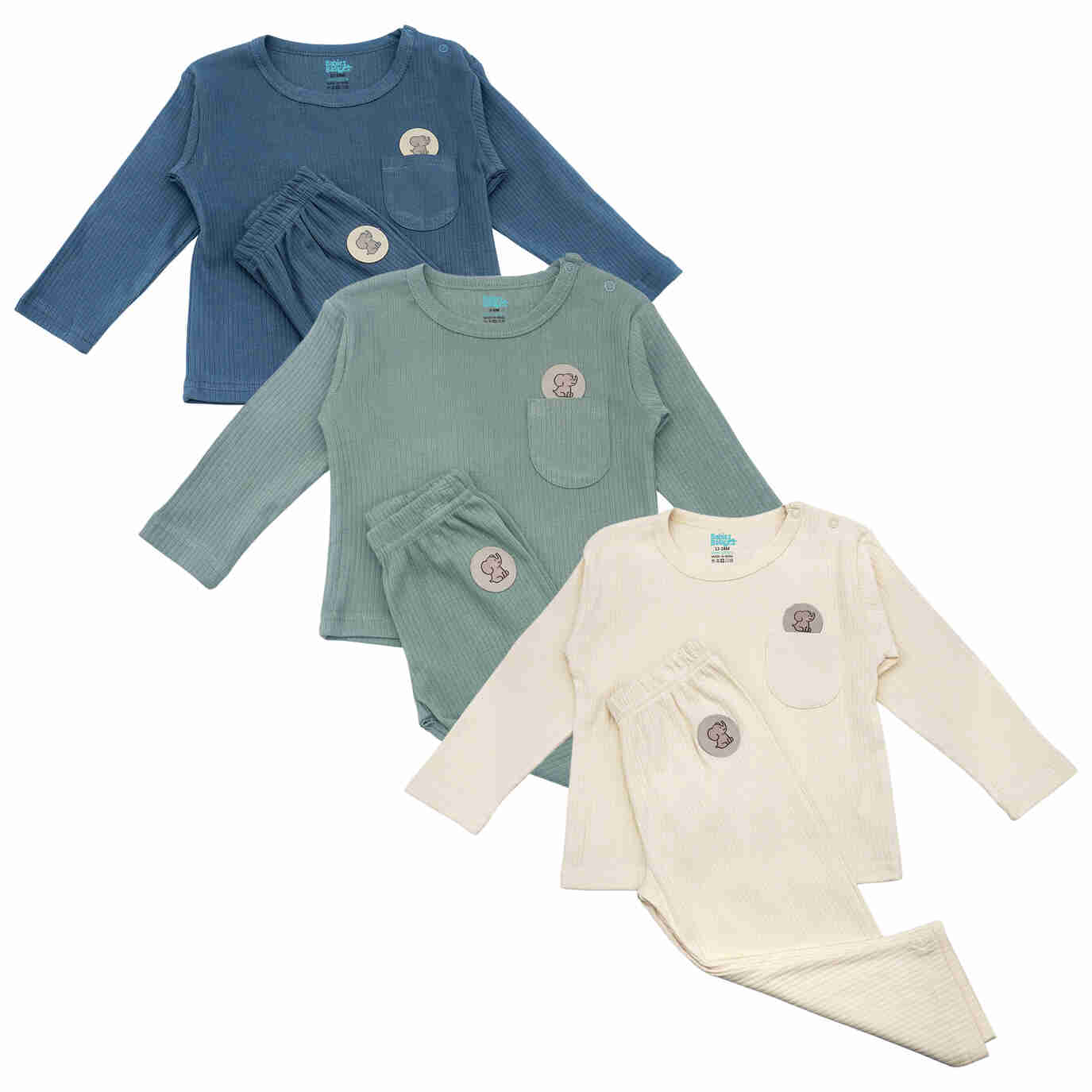 Babies Basic Ribbed Cotton Long Sleeves Top and Bottom - Set of 3 12-18 Months Multi Color M725-LO-MIX-12-18-6PC