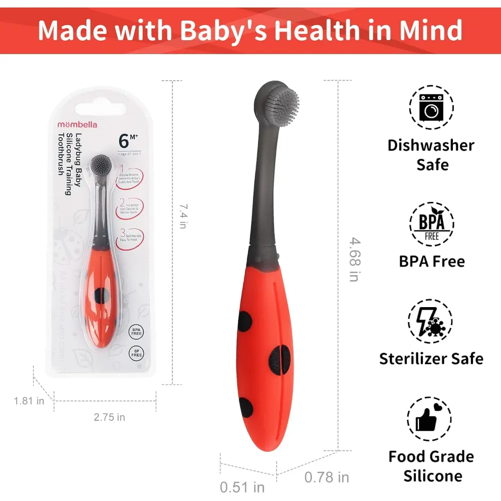 Mombella Ladybug Baby Silicone Training Toothbrush, Soft Bristles, BPA-Free, Gentle on Gums, Ideal for 6-9 Months, Easy Grip, Red & Black - 1403