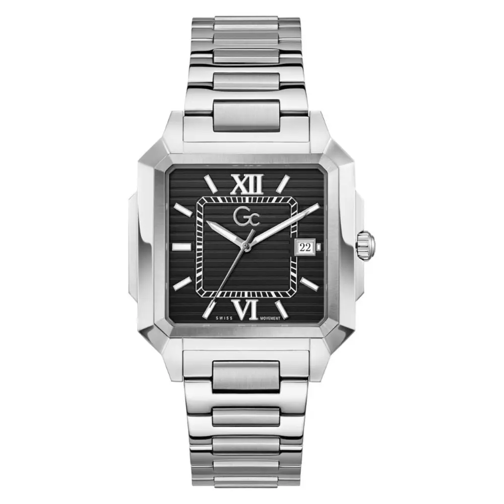Gc SquareCut Mens Swiss Quartz Analog Watch, 41mm Silver-Tone Brushed & Polished Stainless Steel Square Case, Black Striped-Texture Dial, Sapphire Crystal, H-Link Bracelet, Date Window, 5 ATM Water Resistance - Z74001G4