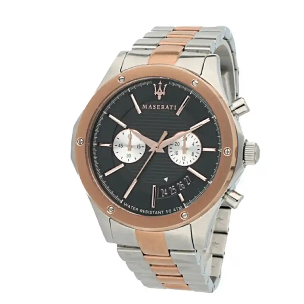 Maserati Circuito Chronograph Watch for Men, Black Dial, Stainless Steel & Rose Gold Bracelet, 52x44mm Case, 10 ATM Water Resistance - R8873627004
