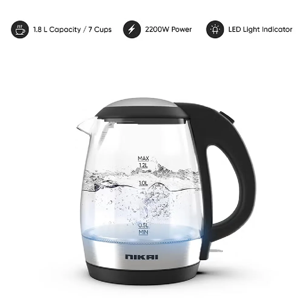 Nikai Cordless Electric Glass Kettle, 1.7L Capacity, 2200W Power, Auto Shut-Off, Boil Dry Protection, LED Indicator, 360 Degree Rotating Base, Glass - NK313G