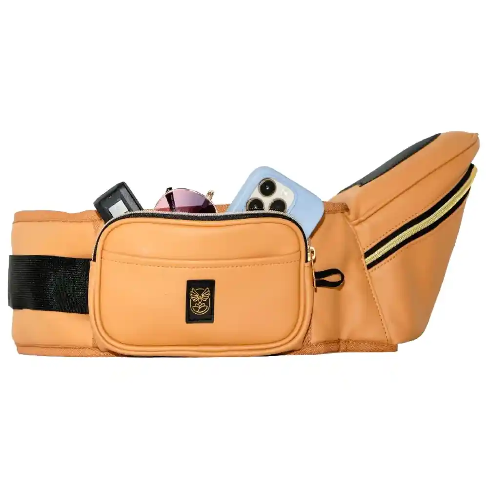 Hackerlily Ergonomic Hip Seat Baby Carrier, Strap-Free Hipseat with Storage and Bottle Holder, Non-Slip Seat, Vegan Leather, Tan - HS-TAN-LTH24