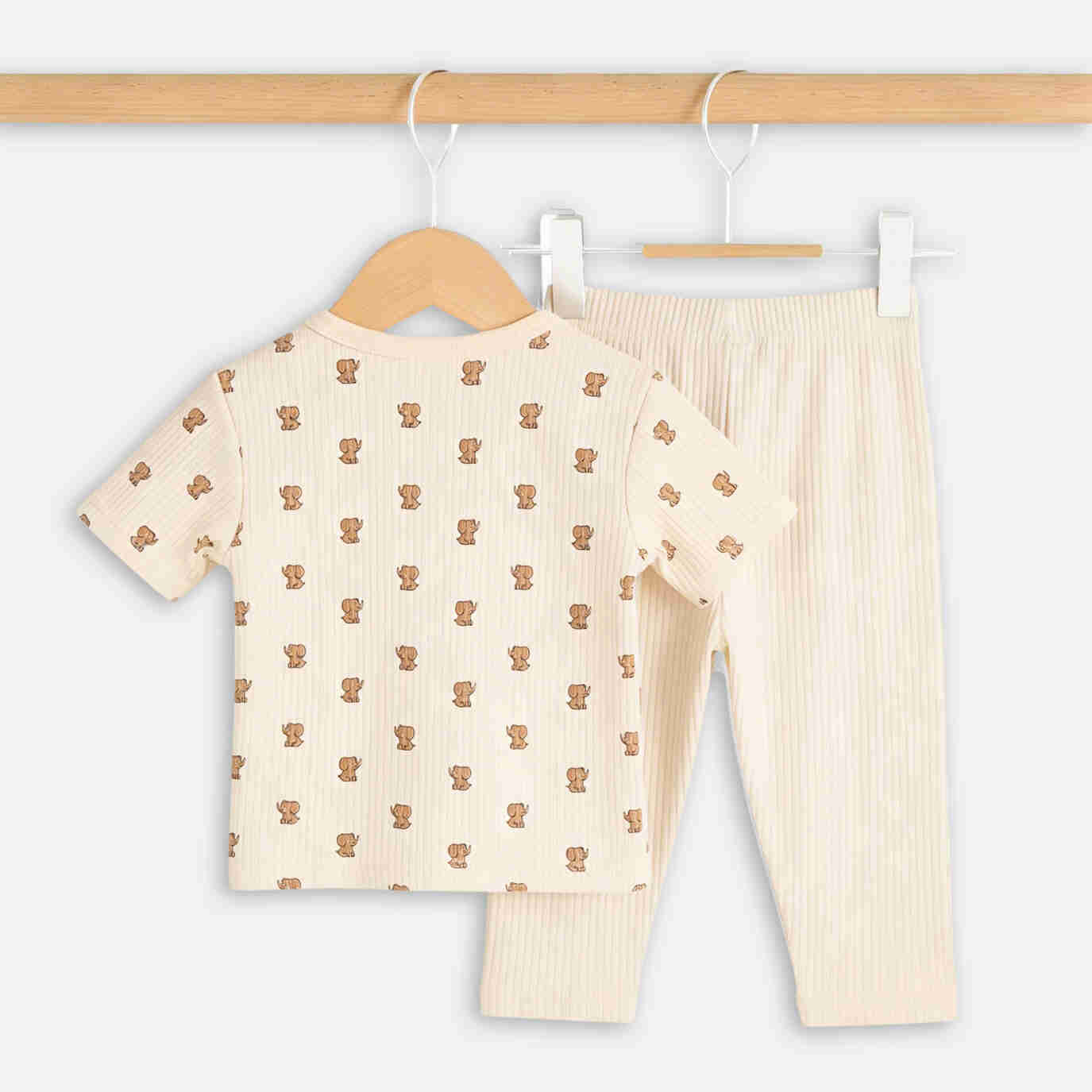 Babies Basic Ribbed Cotton Printed Short Sleeves T-shirt and Pyjama Set 3-6 Months Cream M726-TO-CRE-3-6-2PC - Image 4