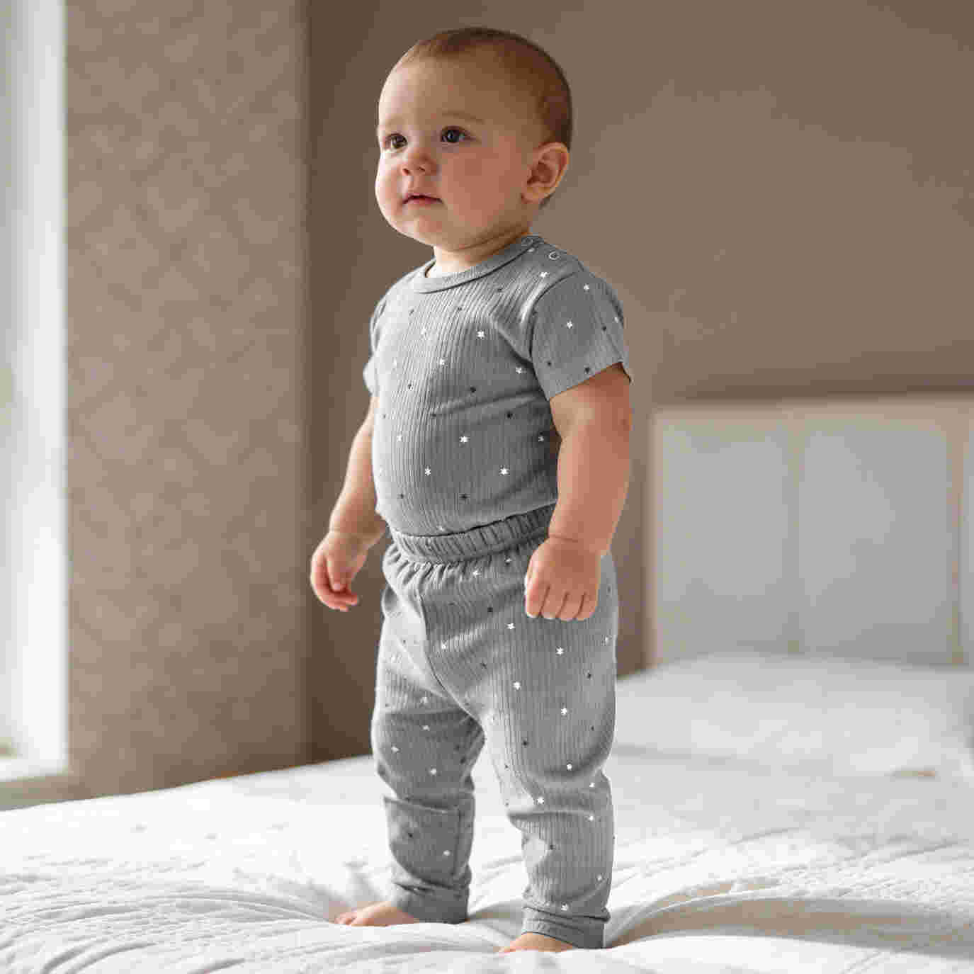 Babies Basic Ribbed Cotton Printed Short Sleeves T-shirt and Printed Pyjama Set 0-3 Months Gray M713-SH-GRA-0-3-2PC - Image 7