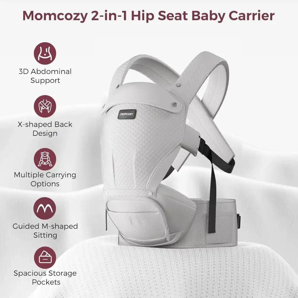 Momcozy 2-in-1 Hip Seat Baby Carrier, Adjustable & Removable Hip Seat Cushion, Ergonomic M-Position Support, Cross-Back Straps, Padded Lumbar Belt, Breathable Airflow Mesh, 7-44 lbs, Grey - 840506405325 - Image 5