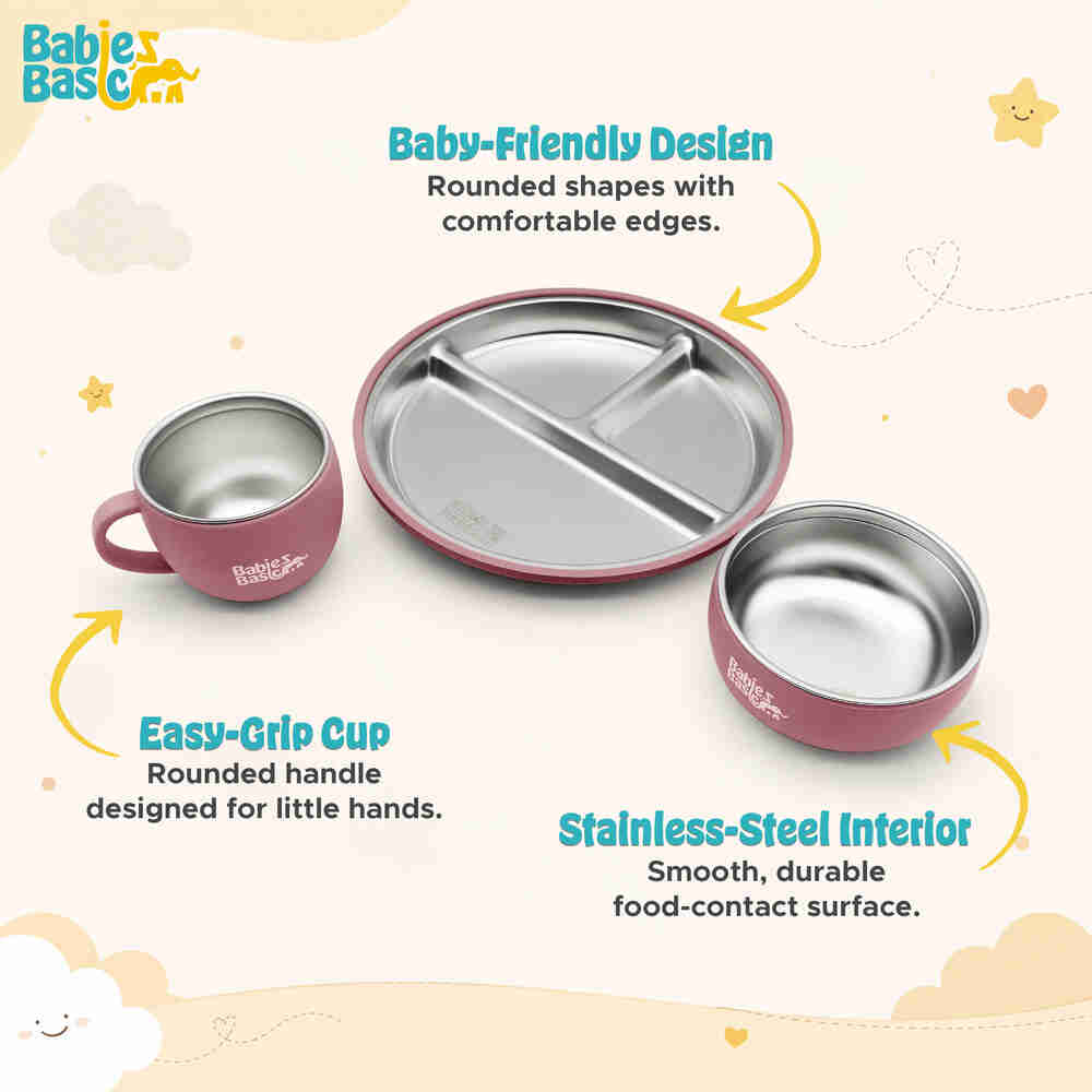 Babies Basic Stainless Steel Plate Bowl and Cup with Silicone Sleeve and Silicone handle Spoon and Fork for Kids Dusty Pink 12276-FEE-DUS-5PC - Image 4
