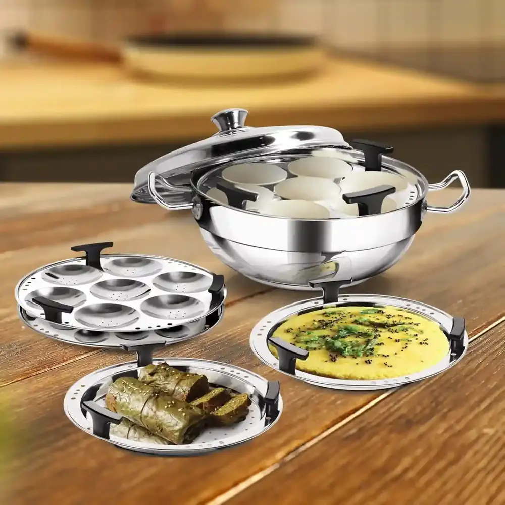 Milton Pro Cook Multipurpose Kadai With LID, 2 - Regular Idli Plate 1 - Mini Idli Plate 1 - Steamer Plate 2 - Dhokla Plate Stainless Steel - 3015854 - Image 5