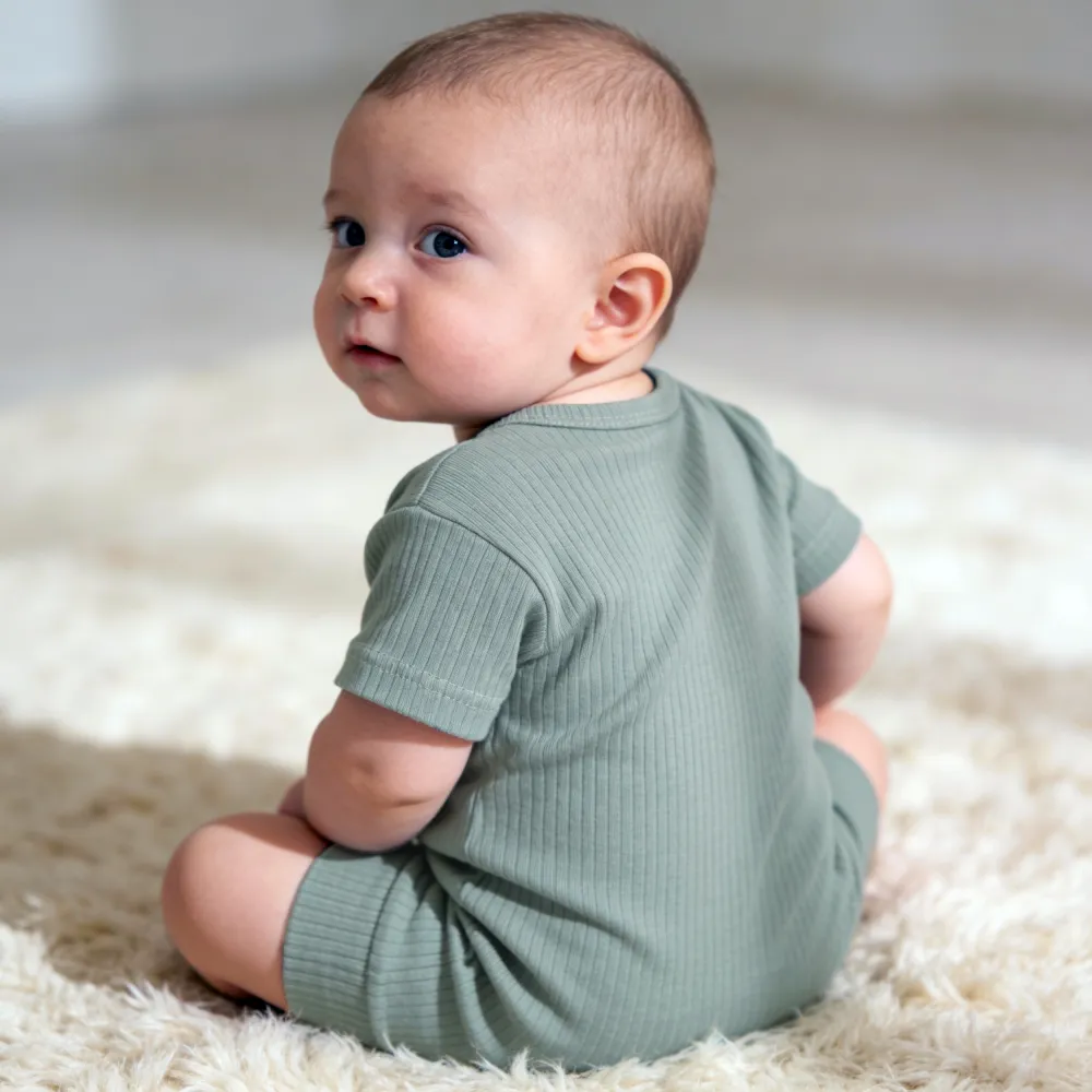 Babies Basic Ribbed Cotton Short Sleeves Romper 3-6 Months Green M717-CR-GRE-3-6-1PC - Image 2