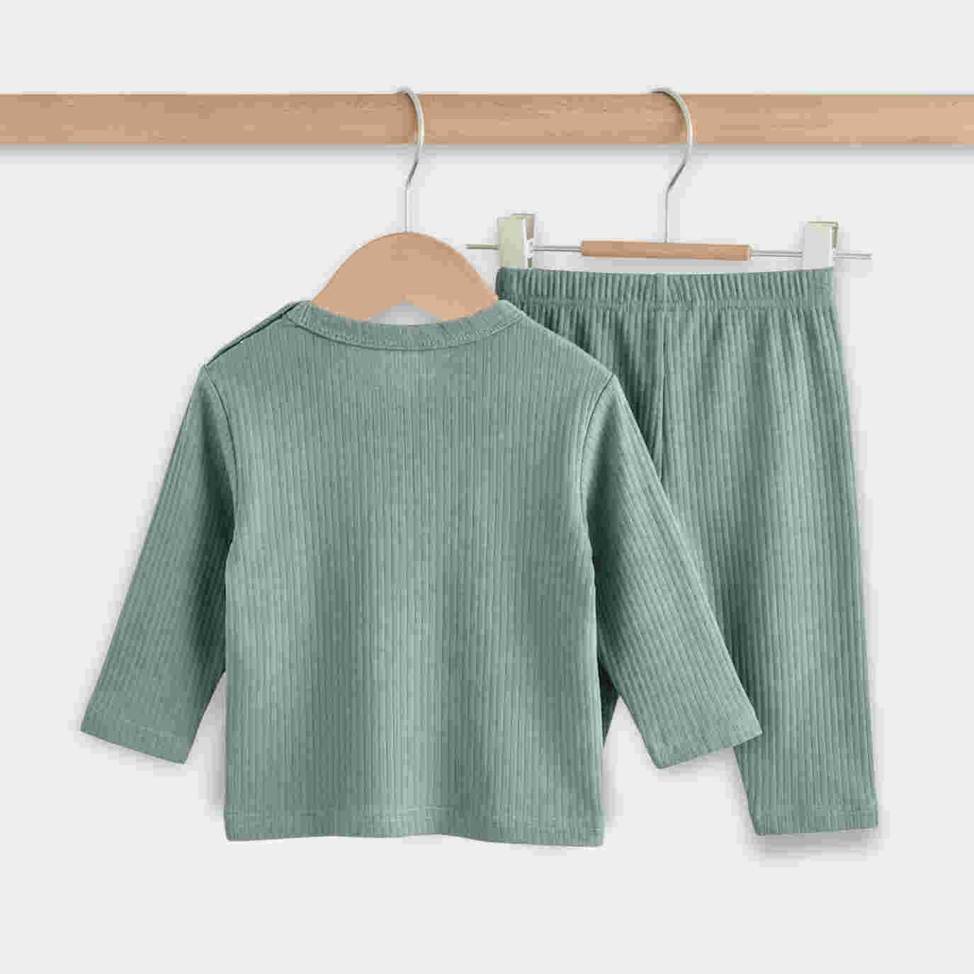 Babies Basic Ribbed Cotton Long Sleeves Top and Bottom 3-6 Months Green M725-LO-GRE-3-6-2PC - Image 4