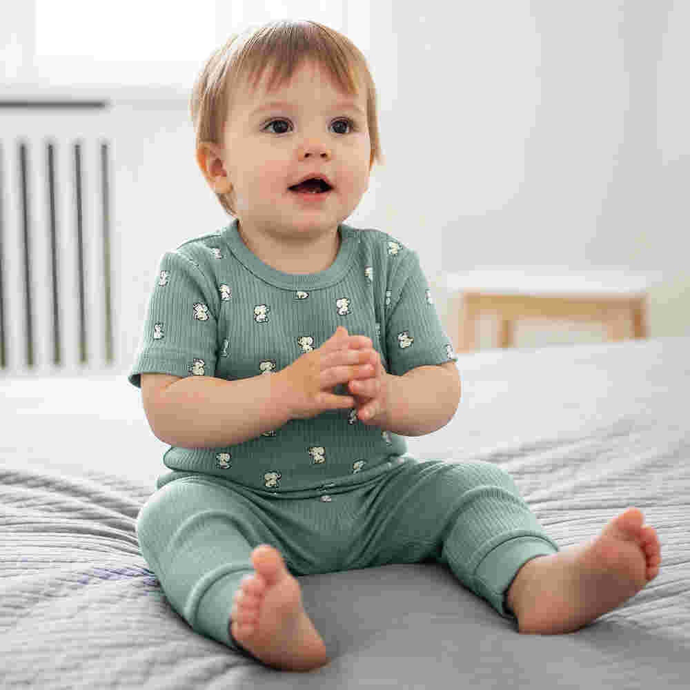 Babies Basic Ribbed Cotton Printed Short Sleeves T-shirt and Pyjama Set 0-3 Months Green M726-TO-GRE-0-3-2PC - Image 3