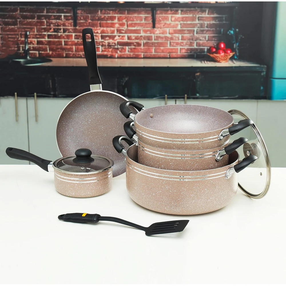 Delcasa DC1889BGE 10-Piece Non-Stick Cookware Set, Aluminum Granite Coating, Bakelite Handles, Glass Lids, Multi - Image 3