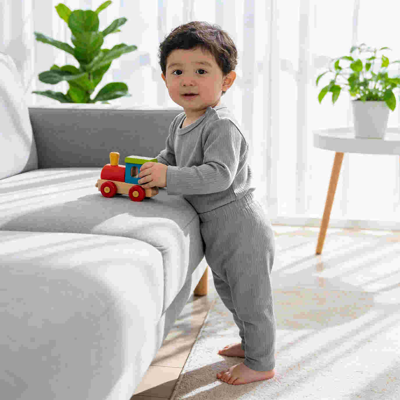 Babies Basic Ribbed Cotton Long Sleeves Top and Bottom Set 12-18 Months Gray M719-PL-GRA-12-18-2PC - Image 7