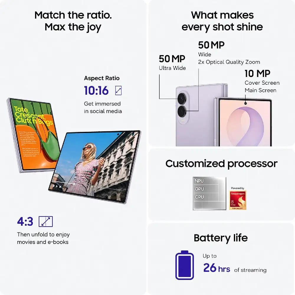 Samsung Galaxy Z Fold8 5G Dual SIM Smartphone 12GB RAM 256GB, 7.6-Inch Dynamic AMOLED 2X 120Hz Display, 50MP Dual Camera, 4800mAh, Lavender - TDRA Version - Image 4