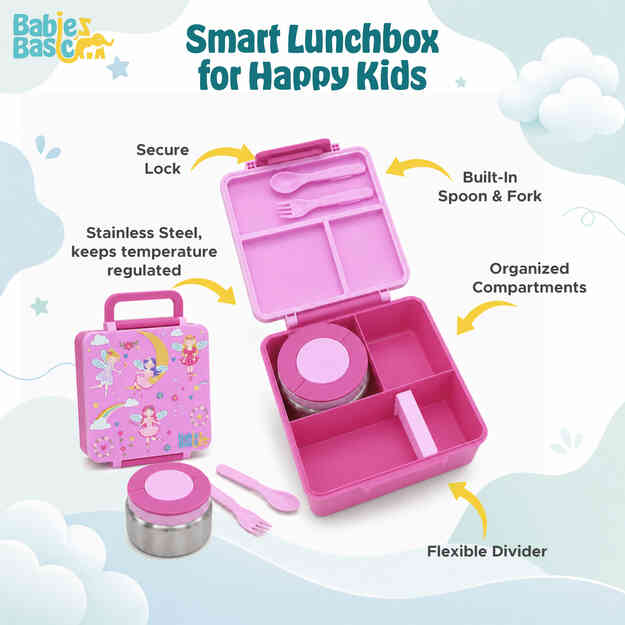 Babies Basic Insulated Bento Lunchbox Built-in Thermos Leakproof Compartments 3+ Years - Pink - Princess 12300-BEN-PIN-FAIR - Image 4