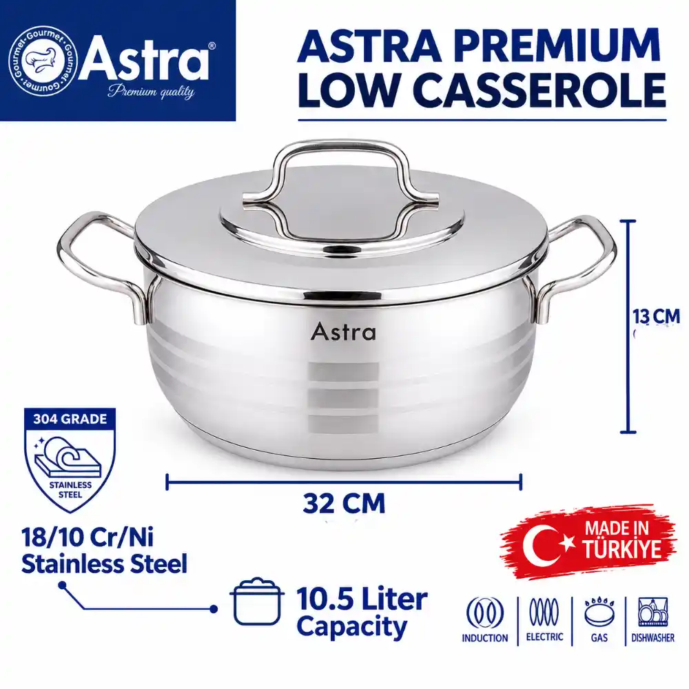 Astra Premium Low Casserole 32 x 13 cm 10.5L, 18-10 Cr-Ni Stainless Steel, Triplex Heavy Bounded Capsule Bottom, Induction Base, Dishwasher Safe, With Lid, Silver - C-AS3132 - Image 2