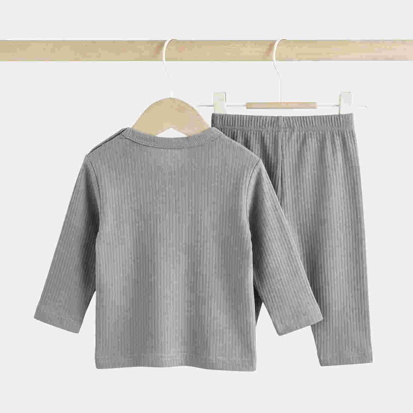 Babies Basic Ribbed Cotton Long Sleeves Top and Bottom Set 3-6 Months Gray M719-PL-GRA-3-6-2PC - Image 4