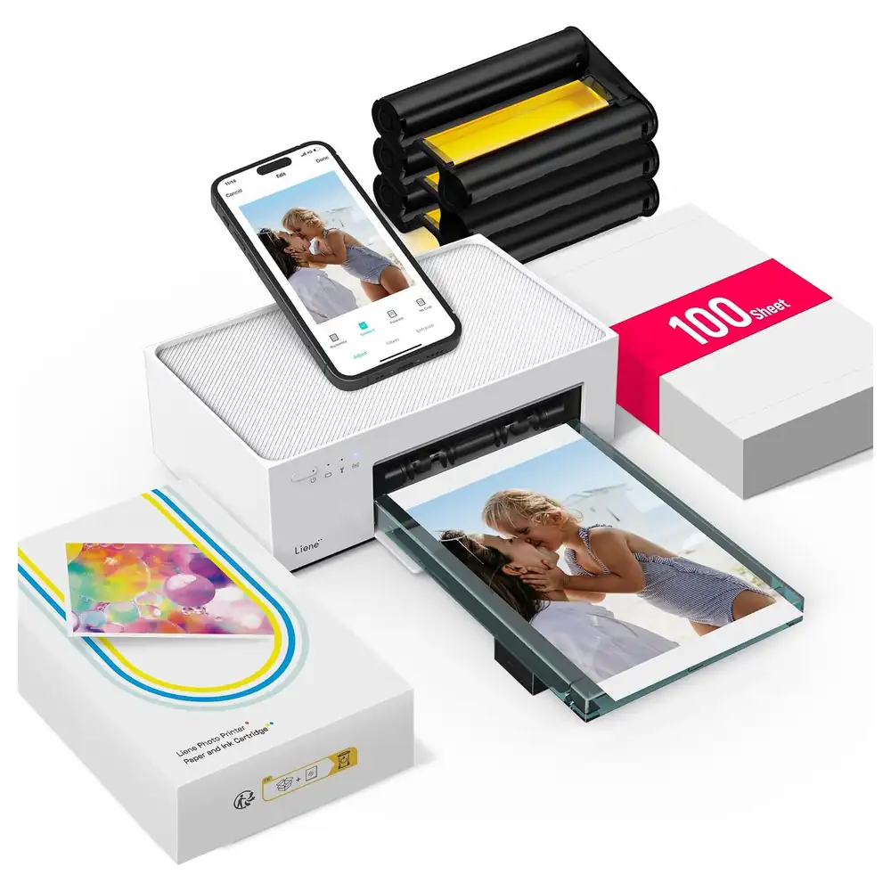 Liene Amber M100 4x6 Inch Wi-Fi Photo Printer Bundle with 100 Sheets and 3 Cartridges, Dye Sublimation Instant Prints for iPhone, Android and PC, White