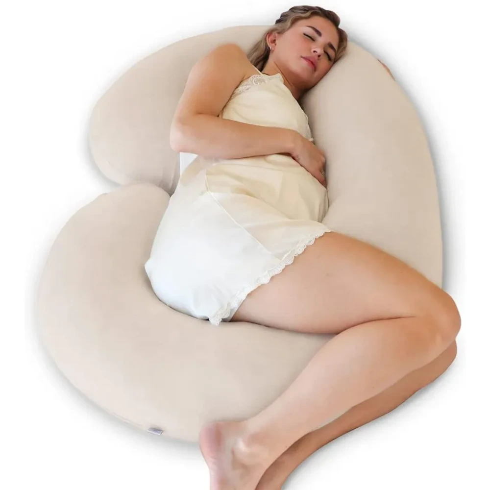 PharMeDoc C-Shape Organic Cotton Maternity Pillow, Full Body Support for Back, Neck, Belly and Legs, Removable Washable Cover, 70 Percent Recycled Filling, Light Brown - BPC-OC31-NA - Image 2