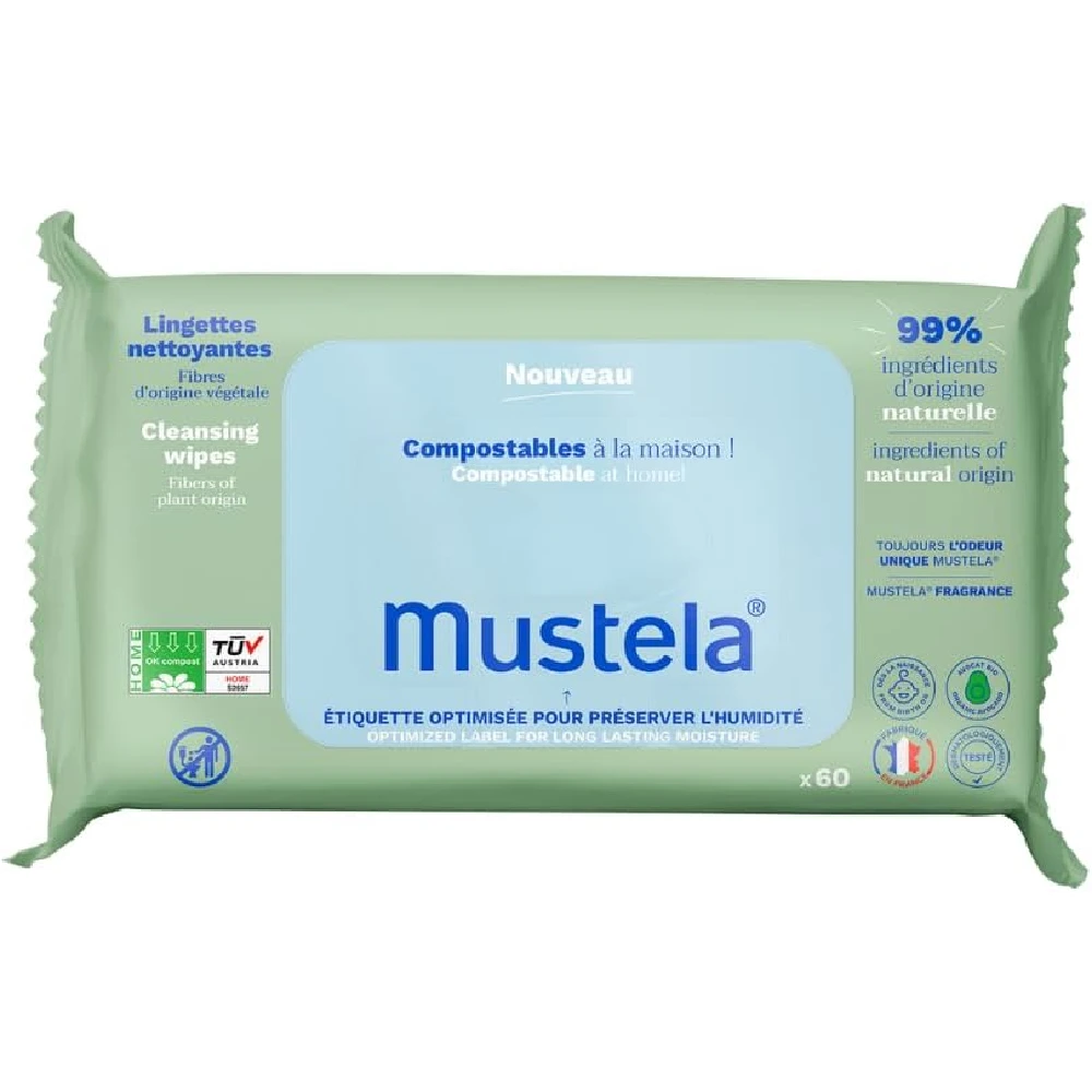Mustela Baby Home Compostable Cleansing Wipes with Natural Avocado, Plastic-Free Plant Fibers, 60 Wipes - H001