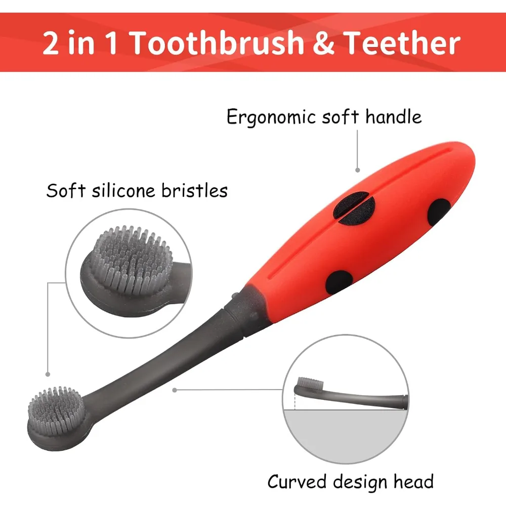 Mombella Ladybug Baby Silicone Training Toothbrush, Soft Bristles, BPA-Free, Gentle on Gums, Ideal for 6-9 Months, Easy Grip, Red & Black - 1403 - Image 2