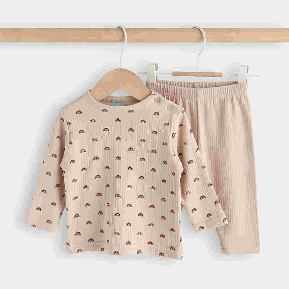 Babies Basic Ribbed Cotton Printed Short Sleeves T-shirt and Pyjama Set 6-12 Months Beige M745-TO-BEI-6-12-2PC - Image 6