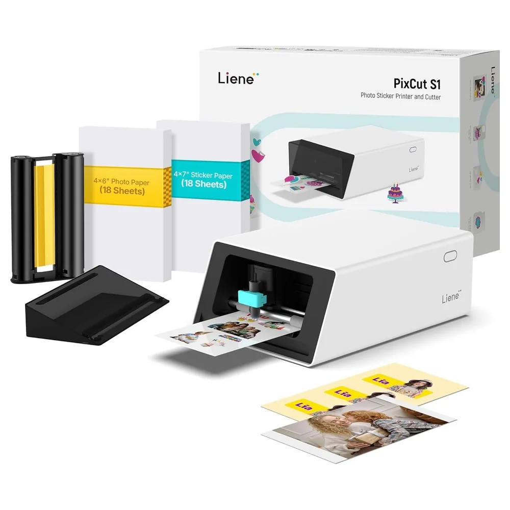 Liene PixCut S1 Photo Sticker Printer and Cutter, All-in-One Bluetooth Sticker Maker with 300 DPI Dye-Sublimation Printing and AI Auto-Cutting, White