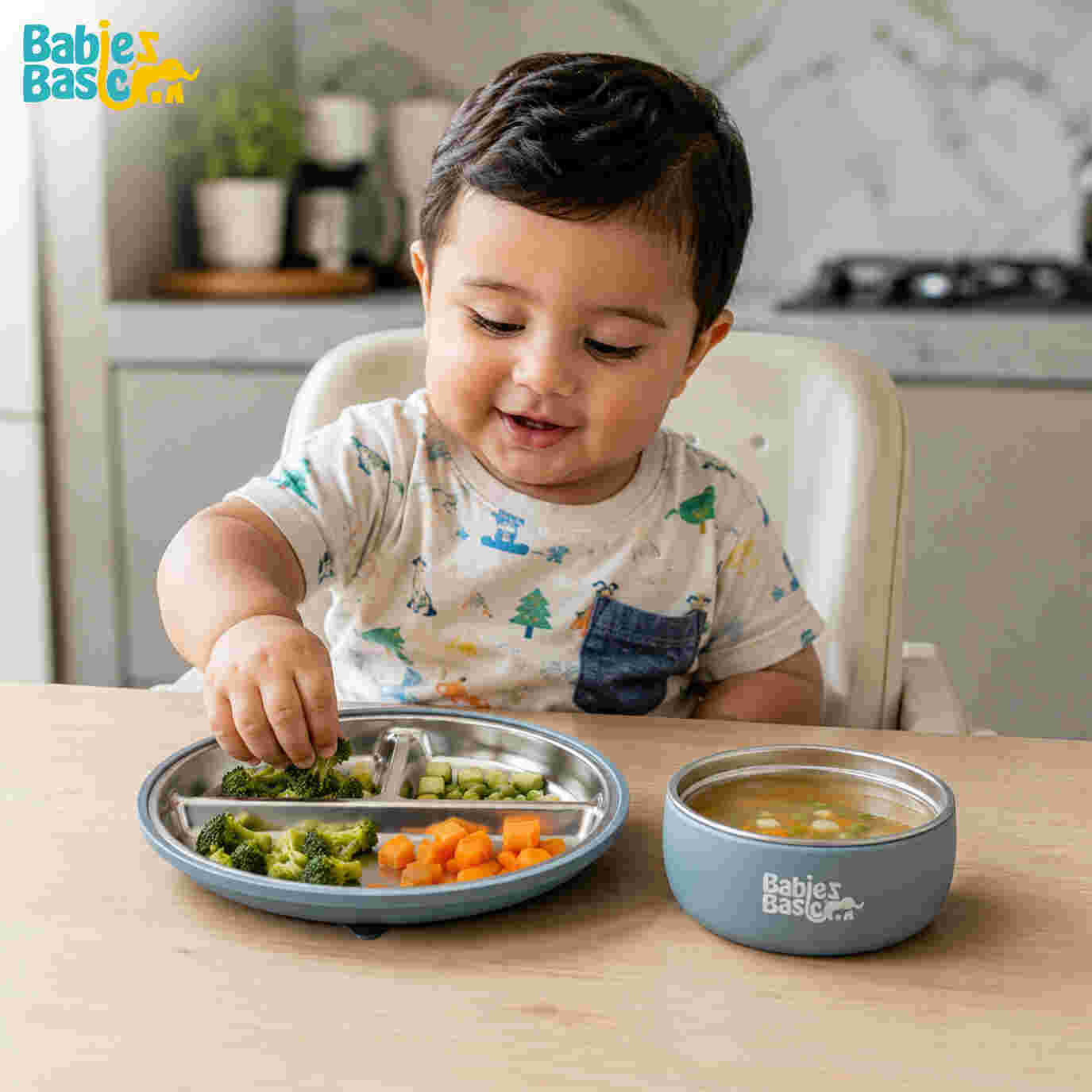 Babies Basic Stainless Steel Plate Bowl and Cup with Silicone Sleeve and Silicone handle Spoon and Fork for Kids Indigo 12276-FEE-IND-5PC - Image 6