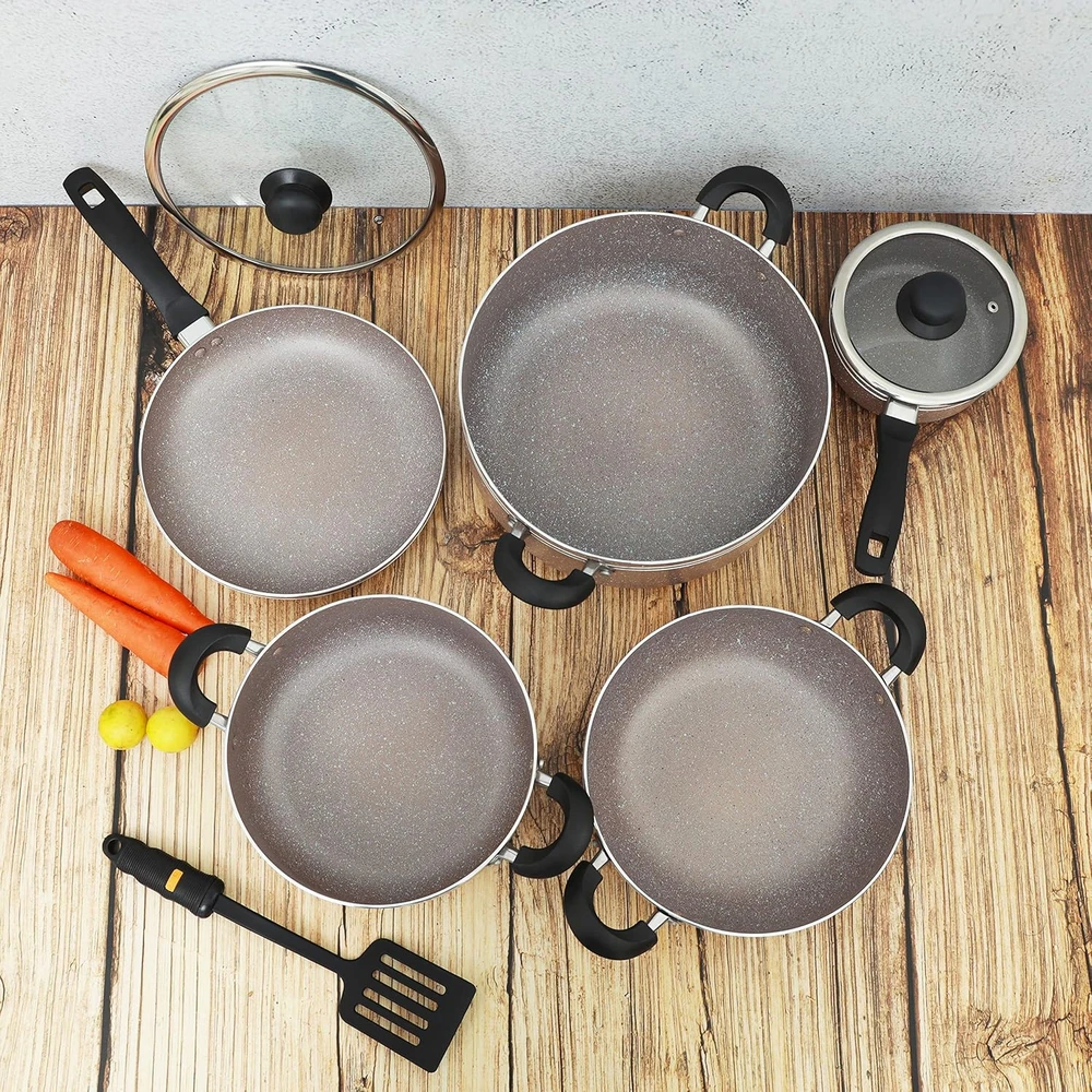 Delcasa DC1889BGE 10-Piece Non-Stick Cookware Set, Aluminum Granite Coating, Bakelite Handles, Glass Lids, Multi - Image 2
