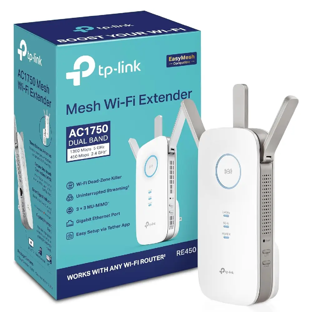TP-Link RE450 AC1750 Dual Band Wi-Fi Range Extender - Up to 1750Mbps, Gigabit Ethernet Port, MU-MIMO, White