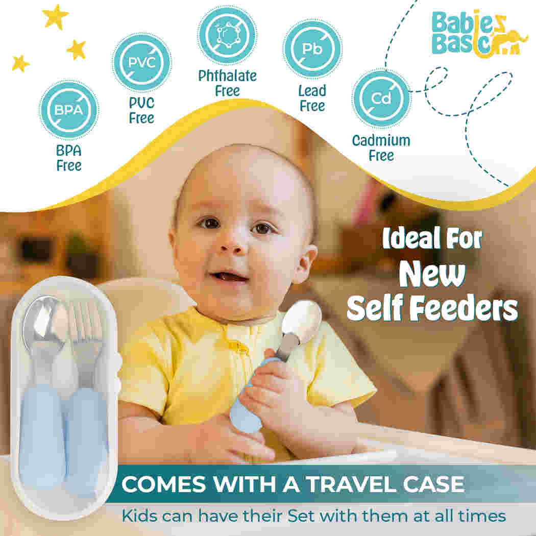 Babies Basic Stainless Steel Plate Bowl and Cup with Silicone Sleeve and Silicone handle Spoon and Fork for Kids Blue 12276-FEE-BLU-5PC - Image 2