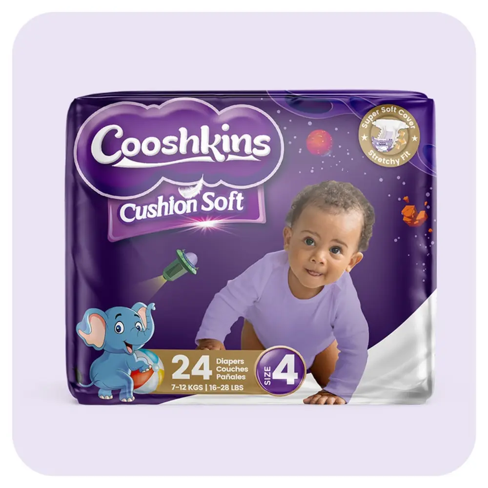 Cooshkins Cushion Soft Baby Diapers Size 4, 24 Count - Super Soft Cover, Stretchy Fit, Leak Guard, Quick Absorb Core, Hypoallergenic, For 7-12 Kg 16-28 Lbs Babies - 31300