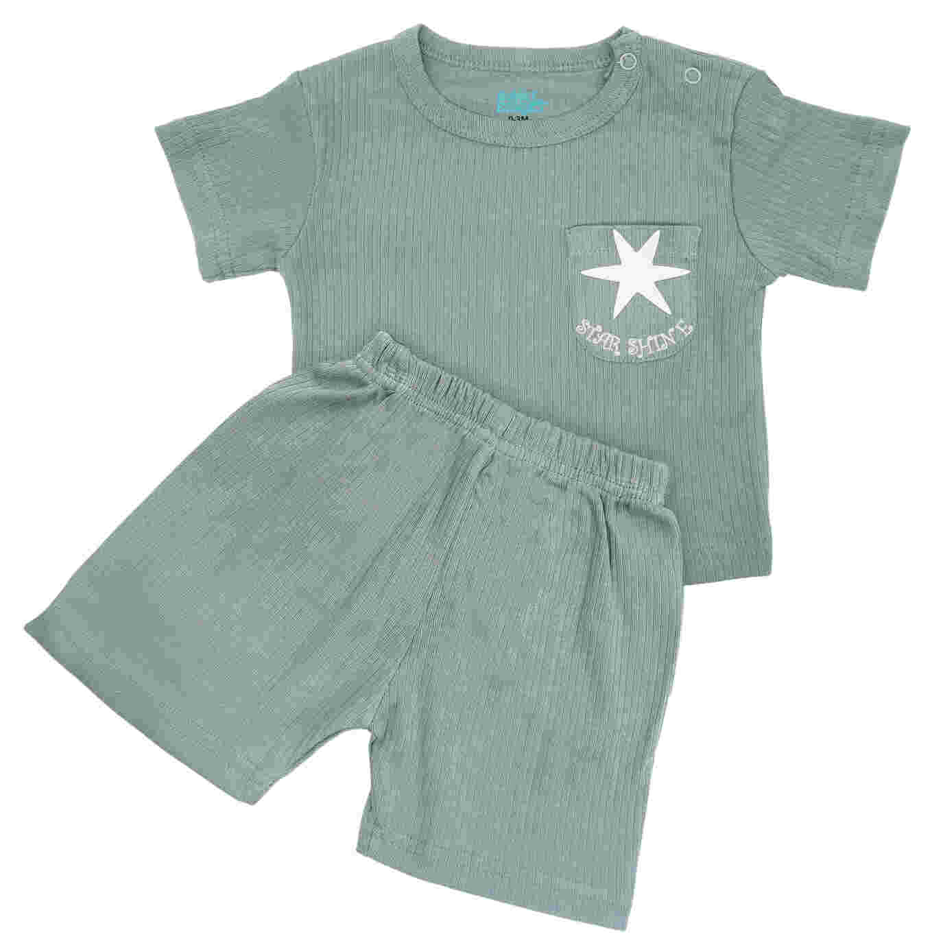 Babies Basic Ribbed Cotton Short Sleeves T-shirt and Plain Shorts Set 12-18 Months Green M714-TO-GRE-12-18-2PC