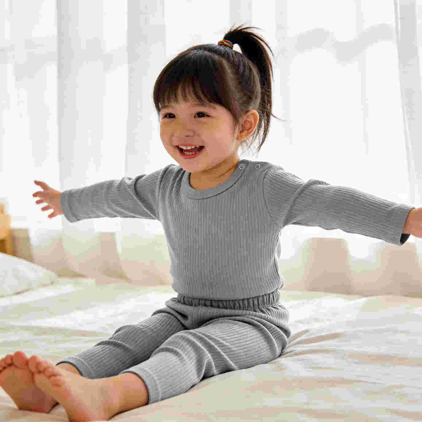 Babies Basic Ribbed Cotton Long Sleeves Top and Bottom Set 12-18 Months Gray M719-PL-GRA-12-18-2PC - Image 6