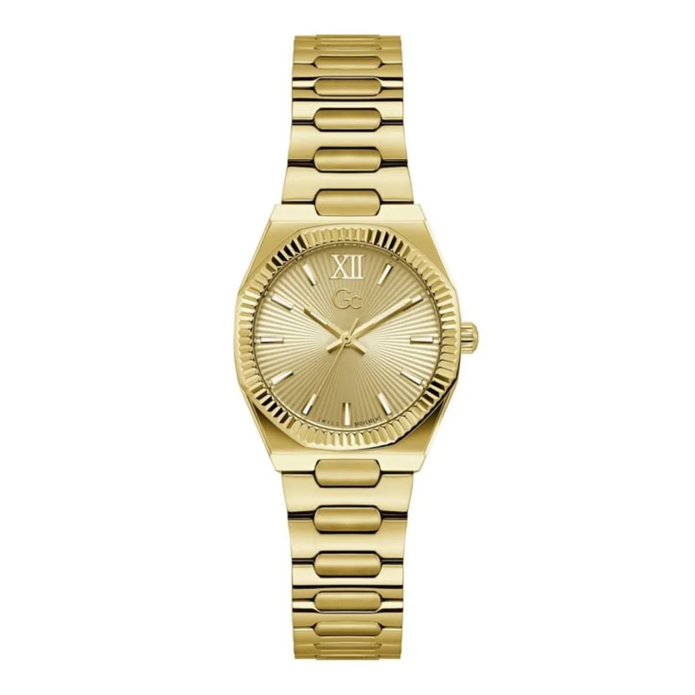 Gc Prodigy Mini Womens Swiss Quartz Watch, 30mm Gold-Tone Brushed & Polished Stainless Steel Round Case, Champagne Textured Sunray Dial, Tone-on-Tone Indices, Sapphire Crystal, Integrated Gold-Tone Bracelet - Z70002L6