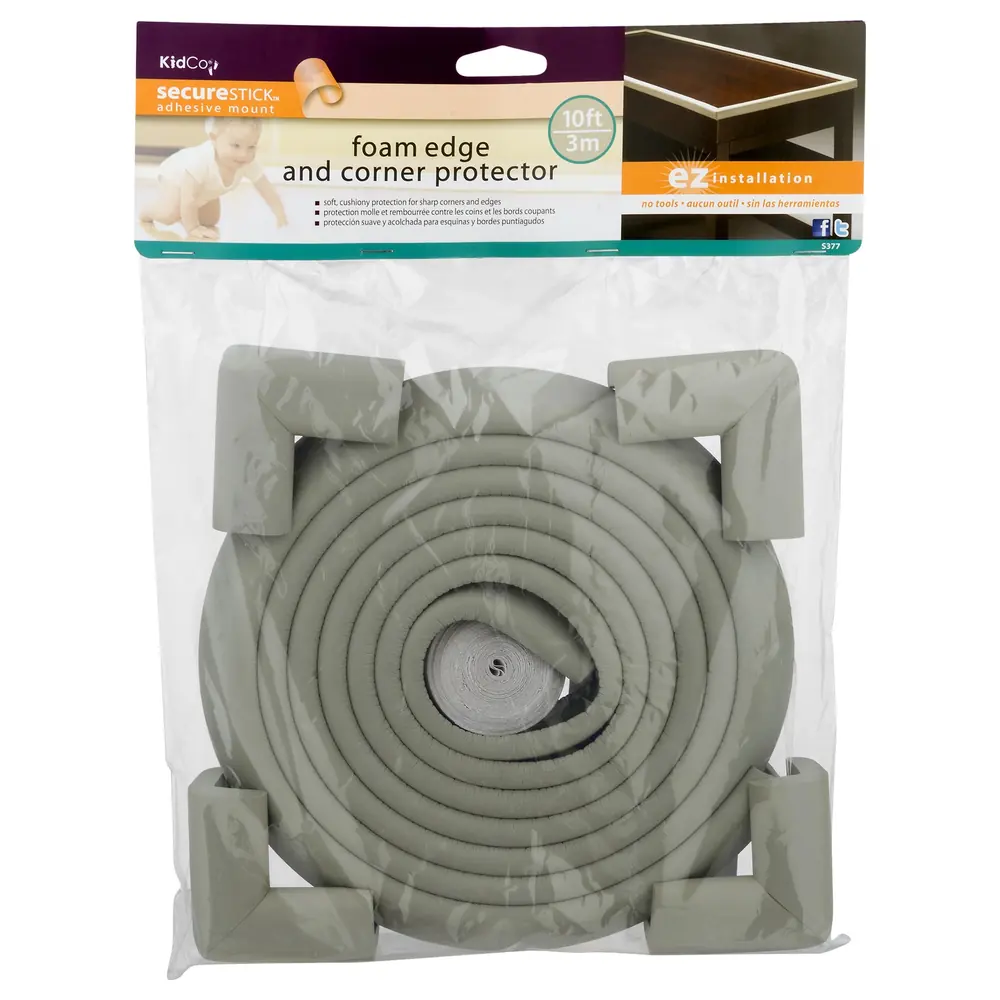 KidCo Foam Edge and Corner Protector Set, Gray, 10 ft Edge Roll plus 4 Corner Guards with Heavy-Duty Double-Sided Tape, SecureStick - S377 - Image 2