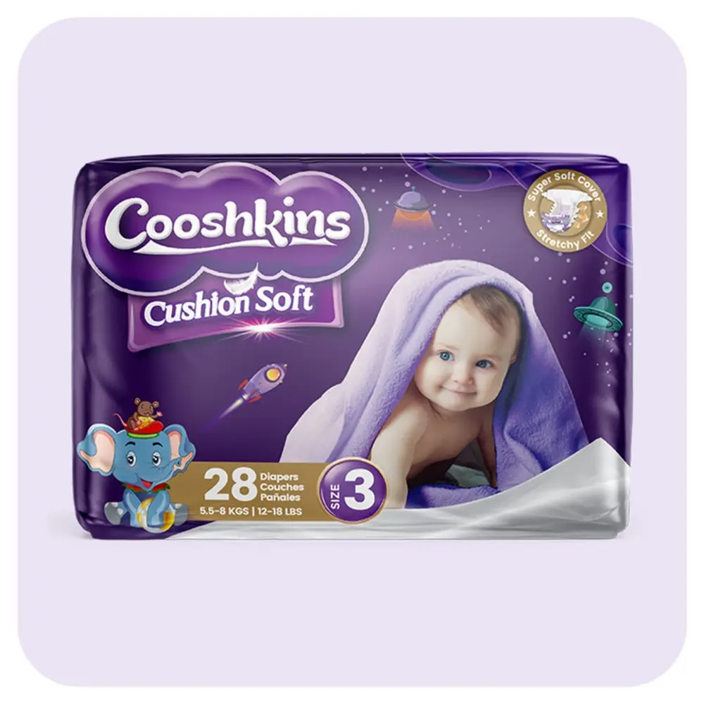 Cooshkins Cushion Soft Baby Diapers Size 3, 28 Count - Super Soft Cover, Stretchy Fit, Leak Guard, Quick Absorb Core, Hypoallergenic, For 5.5-8 Kg 12-18 Lbs Babies - 31294
