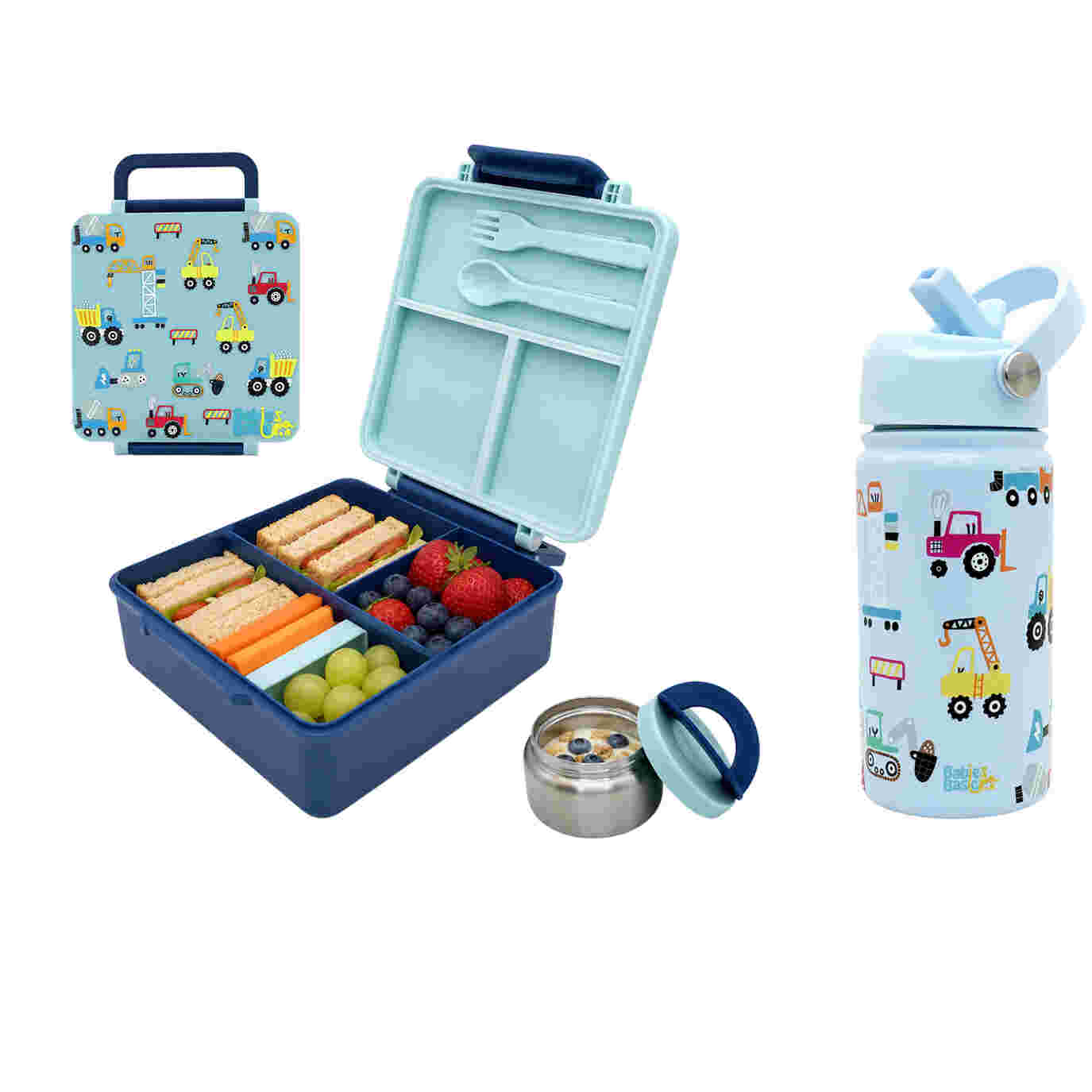 Babies Basic Insulated Bento Lunchbox with Stainless Steel Bottle 3+ Years - Beige - Zoo 12310-MIX-BLU-CONS