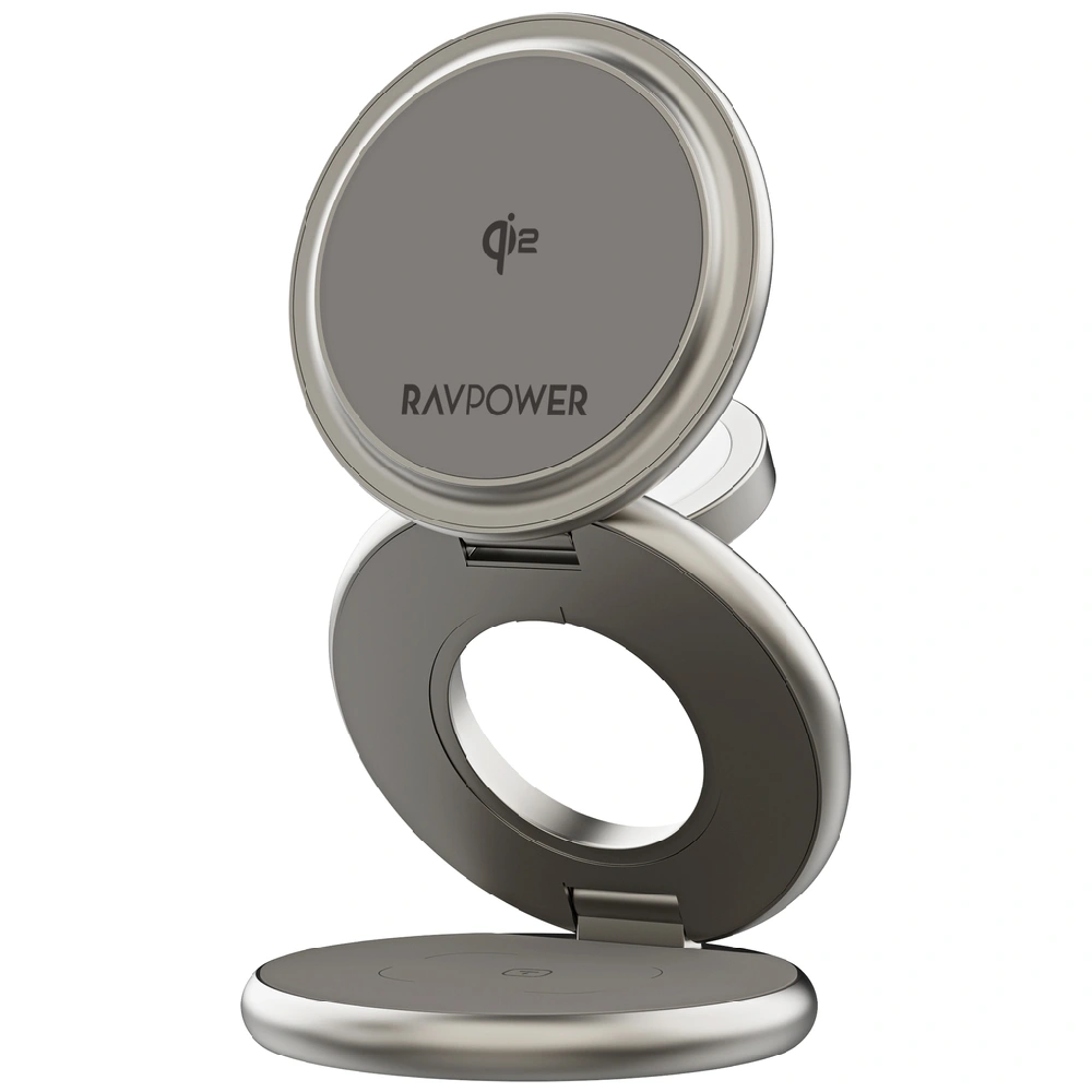 RAVPower Premium Foldable MagSafe 3-in-1 Charging Station with Simultaneous Charging for iPhone, Apple Watch, and AirPods, and Total Safety Protection (Silver) - RP.WC1008.SL