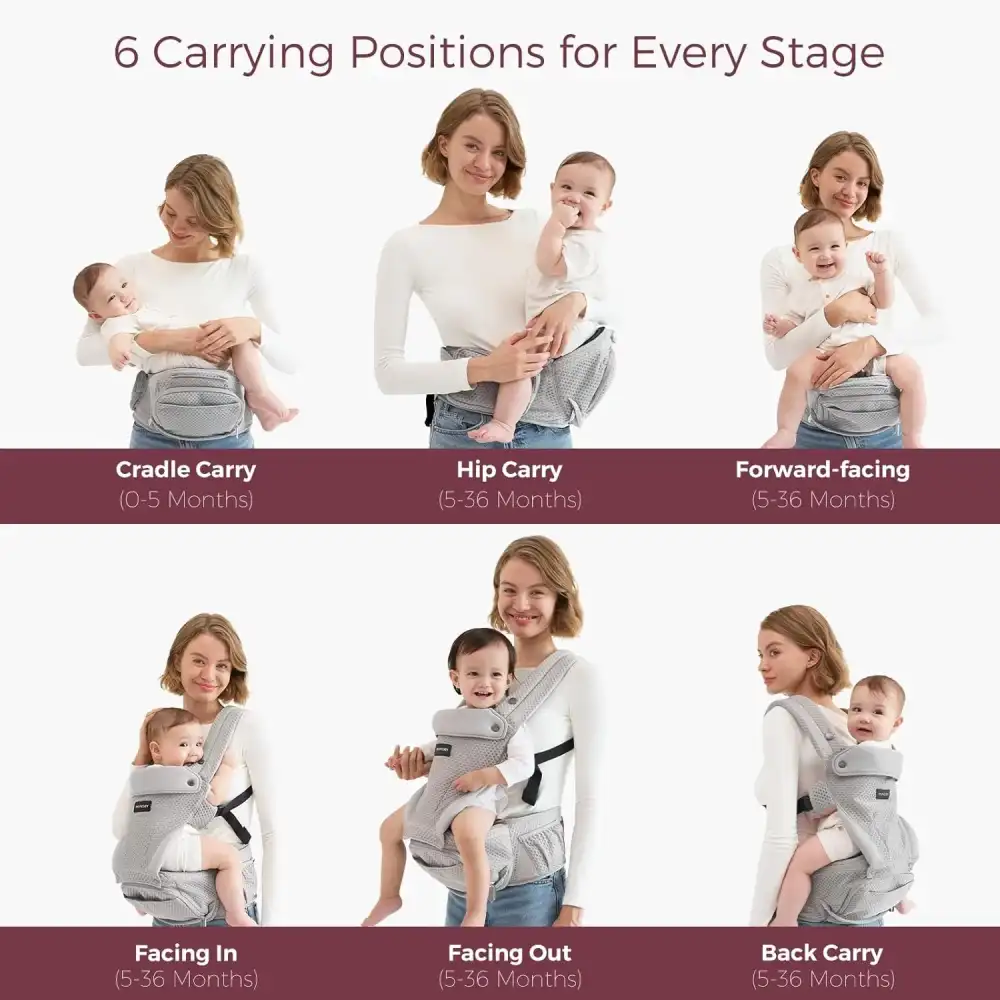 Momcozy 2-in-1 Hip Seat Baby Carrier, Adjustable & Removable Hip Seat Cushion, Ergonomic M-Position Support, Cross-Back Straps, Padded Lumbar Belt, Breathable Airflow Mesh, 7-44 lbs, Grey - 840506405325 - Image 4