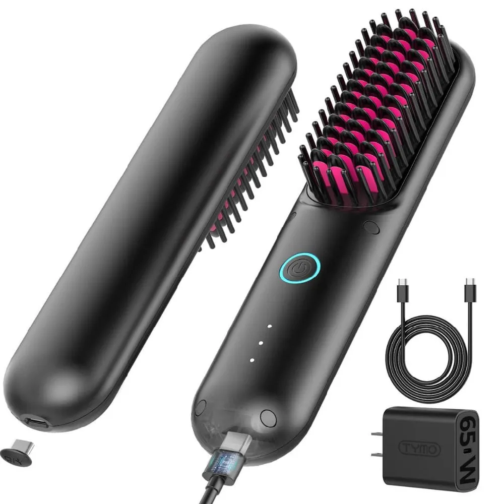 TYMO Porta Portable Hair Straightening Brush with T-GLOSS Ceramic Coating, 3 Temperature Settings (160-200°C), and Lightweight Design for All Hair Types (Black) - TY.HC120.BK
